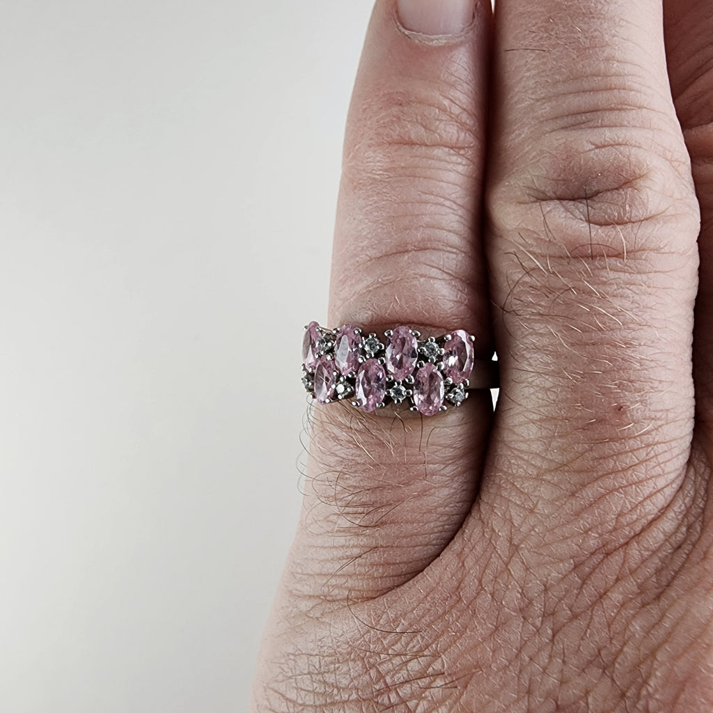 Pink & Clear Pave Cocktail Ring Size 7 in Sterling Silver 925 Vintage