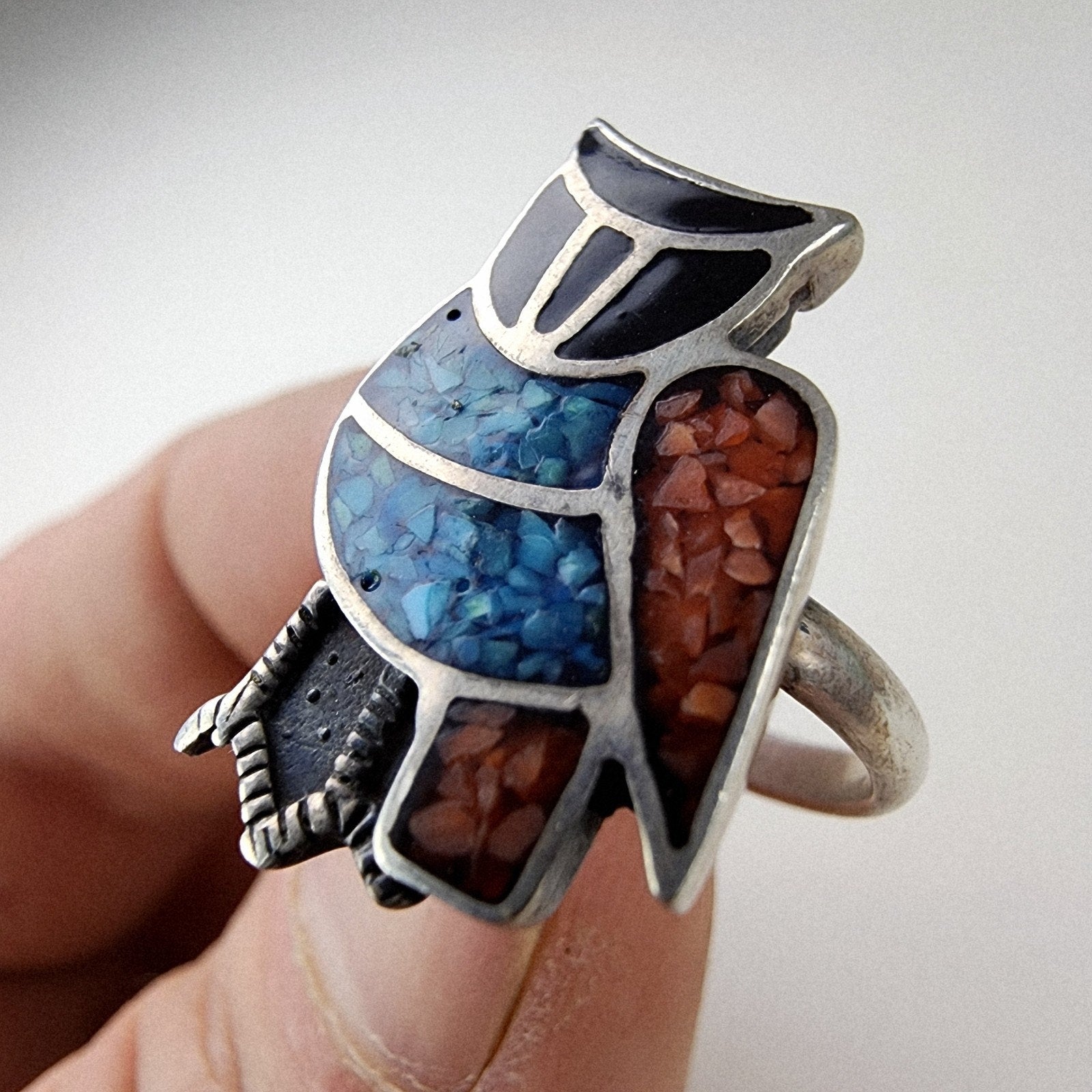 Zuni Owl Turquoise & Coral Inlay Ring Size 7 Sterling Silver 925 Vintage