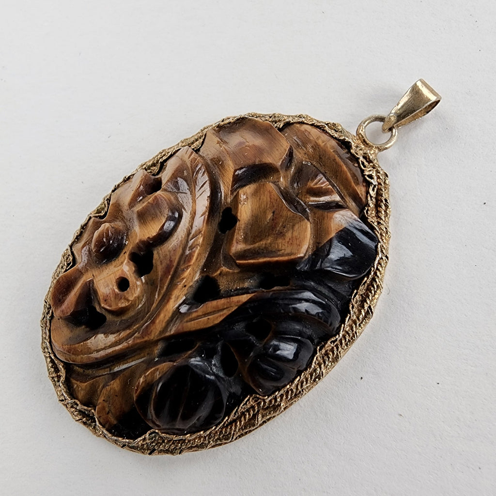 Vintage Chinese Carved Tigers Eye Pendant with Gold Finish & Filigree Back