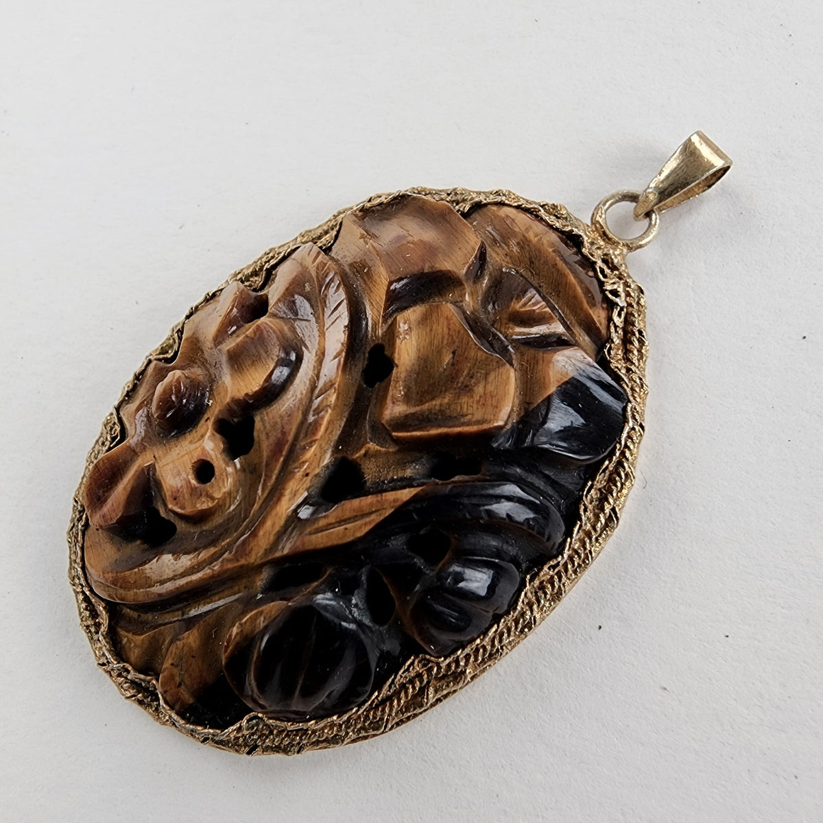 Vintage Chinese Carved Tigers Eye Pendant with Gold Finish & Filigree Back