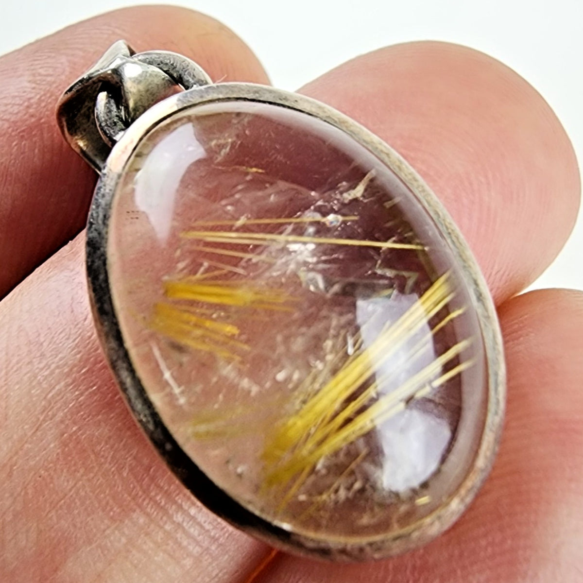 Oval Golden Rutilated Quartz Sterling Silver 925 Pendant Vintage