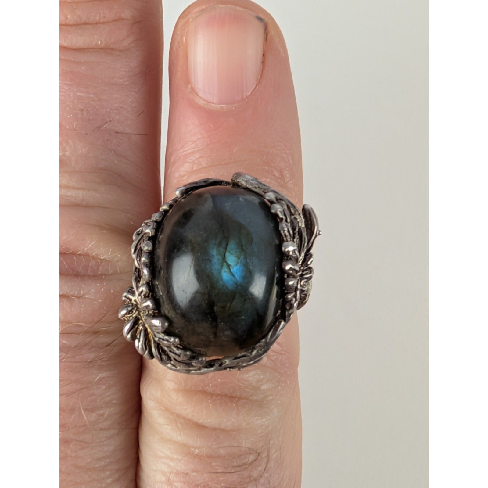 Brutalist Labradorite Sterling Silver Floral Setting Ring Size 5 1/4