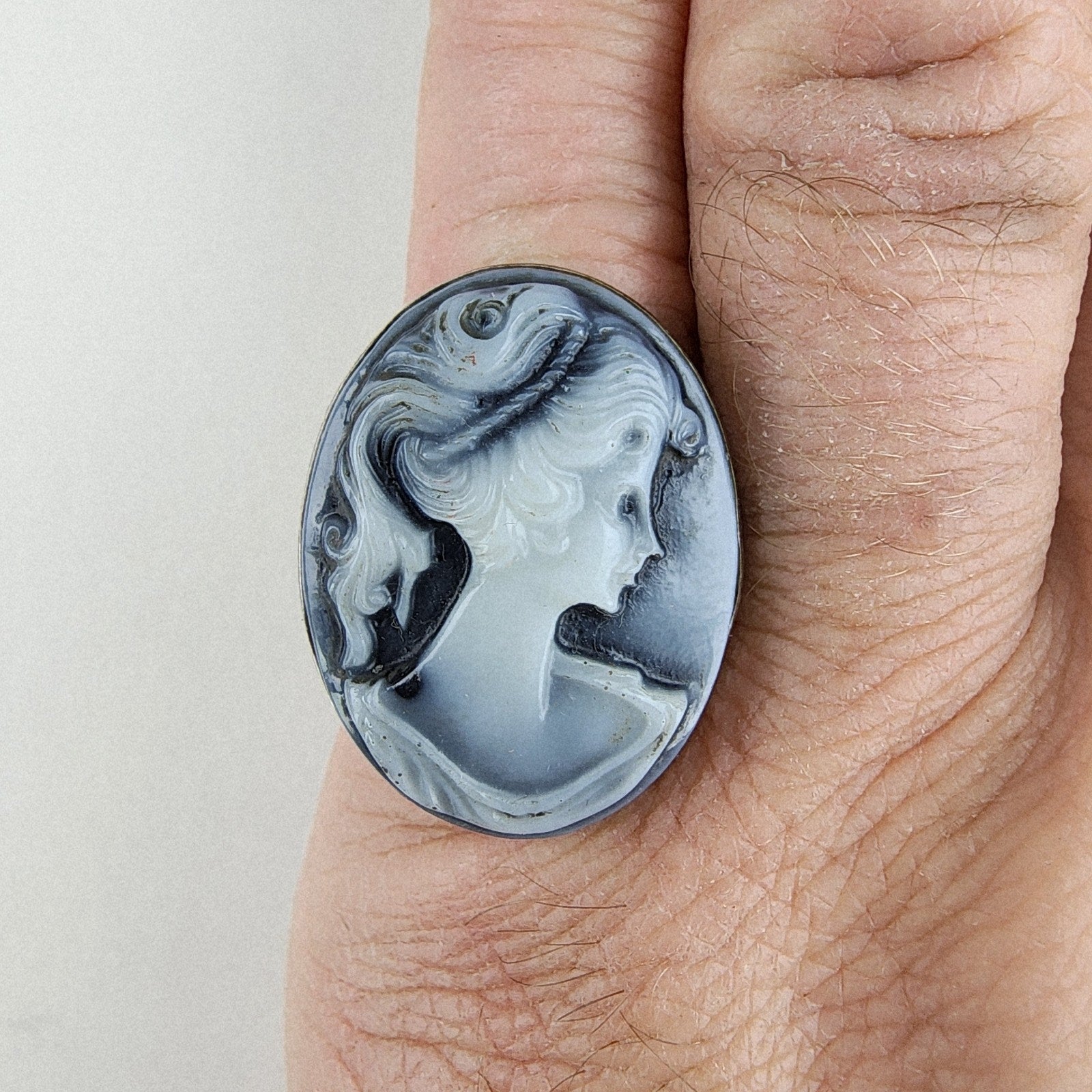 Hand Carved Agate Cameo Ring Size 8 1/4 Sterling Silver 925 Vintage