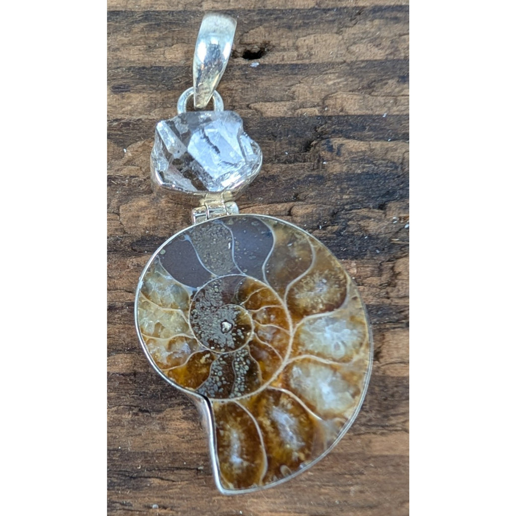 Vintage Ammonite & Raw Quartz Sterling Silver 925 Pendant