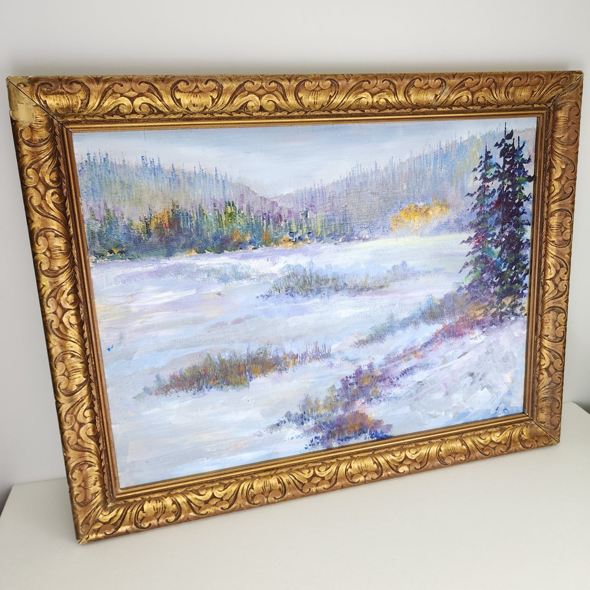Impressionist Winter Landscape Scene Acrylic on Panel in Gilded Frame Unsigned