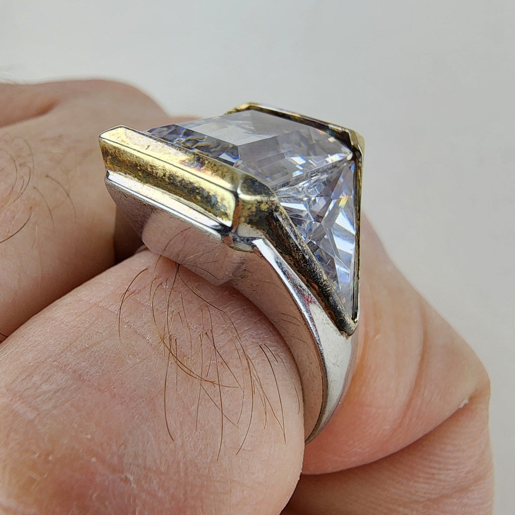 Bold Emerald & Trillion Cut Cocktail Ring Size 9 1/2 Sterling Silver 925 Vintage