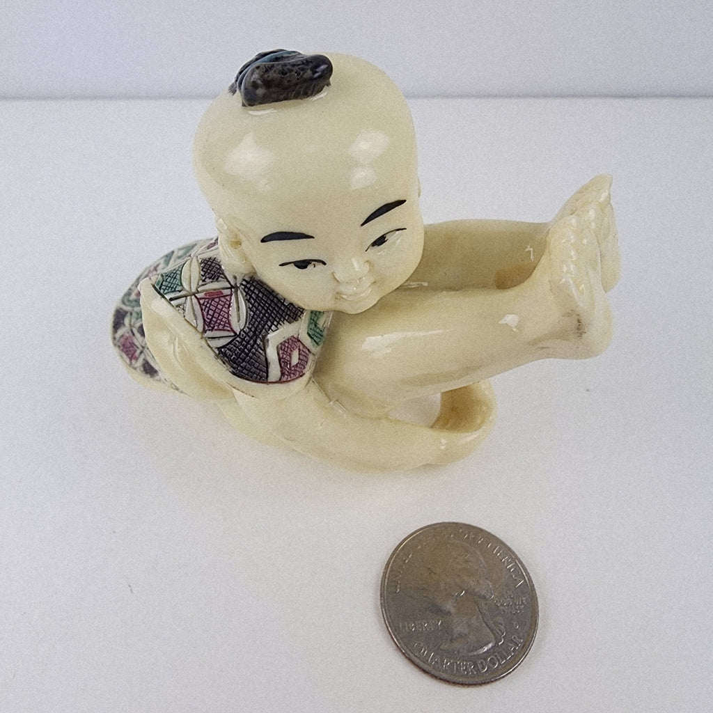 Japanese Boy Fertility Resin Figure Vintage Chinese Hand Carved Details