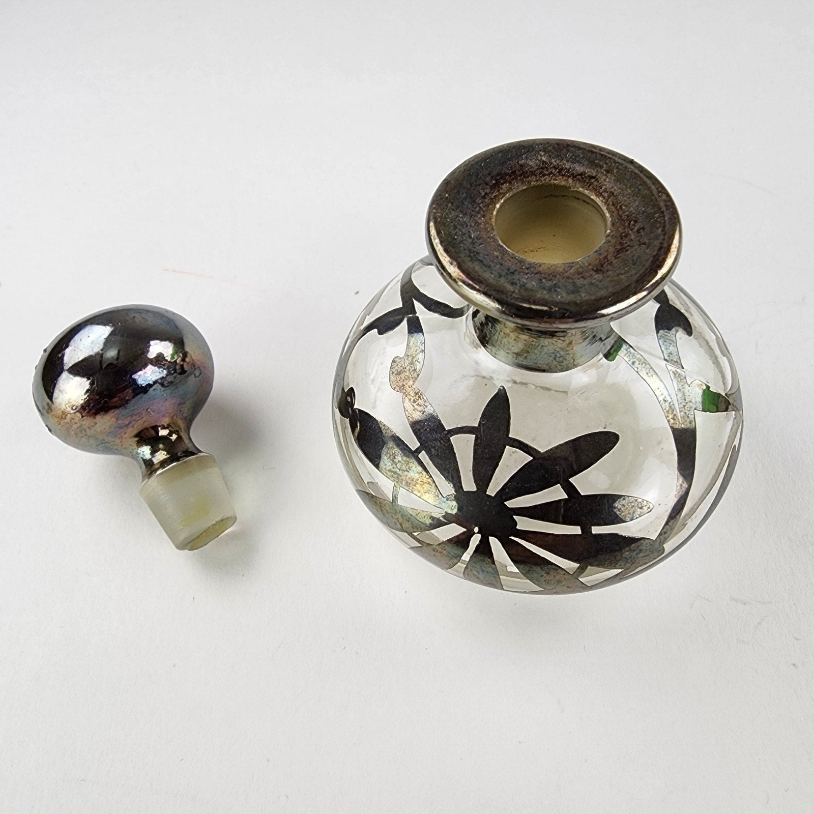 Art Nouveau Sterling Silver Overlay Glass Perfume Bottle with Stopper