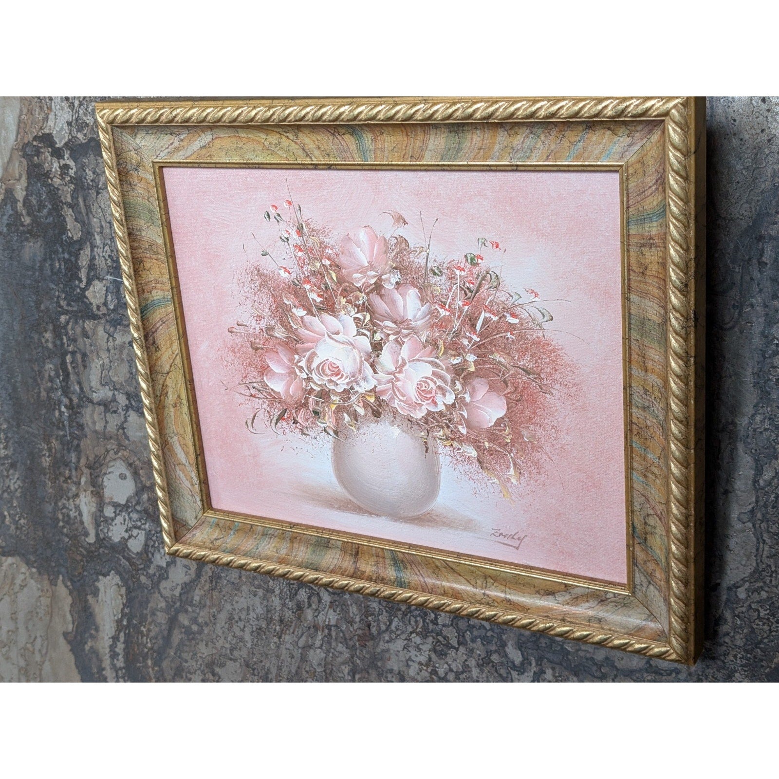 Pink Flowers Still Life Oil Painting Signed Emily Mid Century MCM