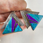 Sunwest Turquoise Inlay Stamped Earrings Sterling Silver 925 Vintage Dangle