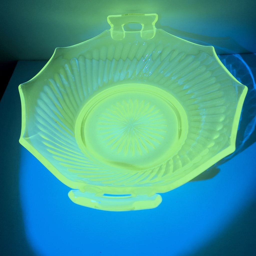 10" UV Uranium Glass Imperial Twisted Optic Handled Serving Bowl Vintage