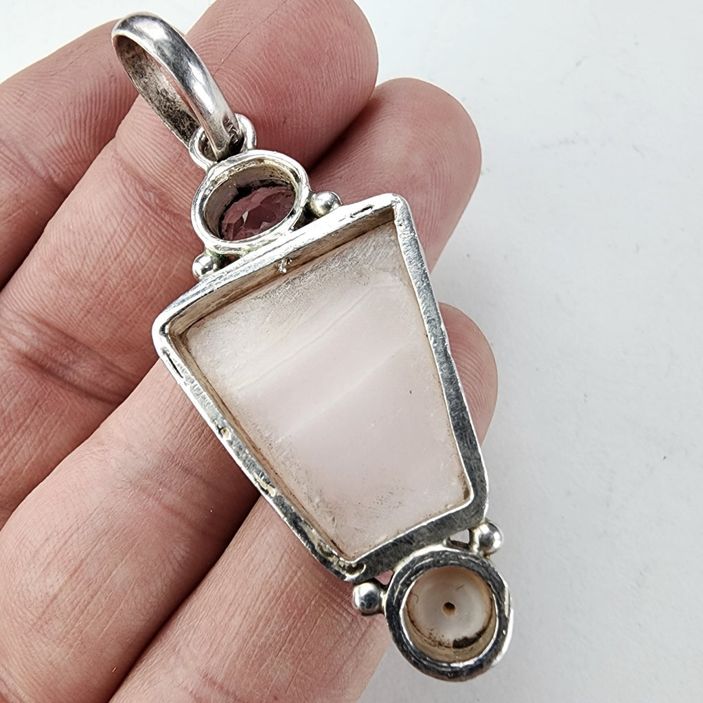 Pink Rhodonite Pearl & Amethyst Pendant Sterling Silver 925 Vintage