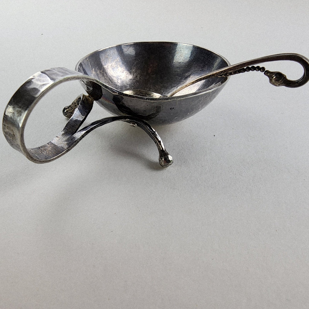 Georg Jensen Style Hand Hammered Salt Cellar with Spoon Sterling Silver 925