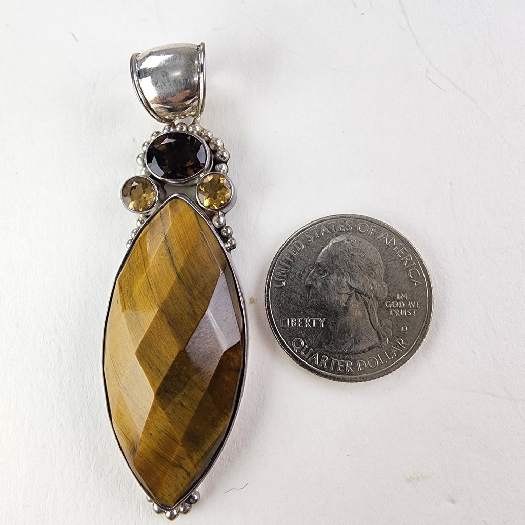 Marquise Cut Faceted Tigers Eye Citrine & Garnet Sterling Silver 925 Pendant XL