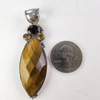 Marquise Cut Faceted Tigers Eye Citrine & Garnet Sterling Silver 925 Pendant XL