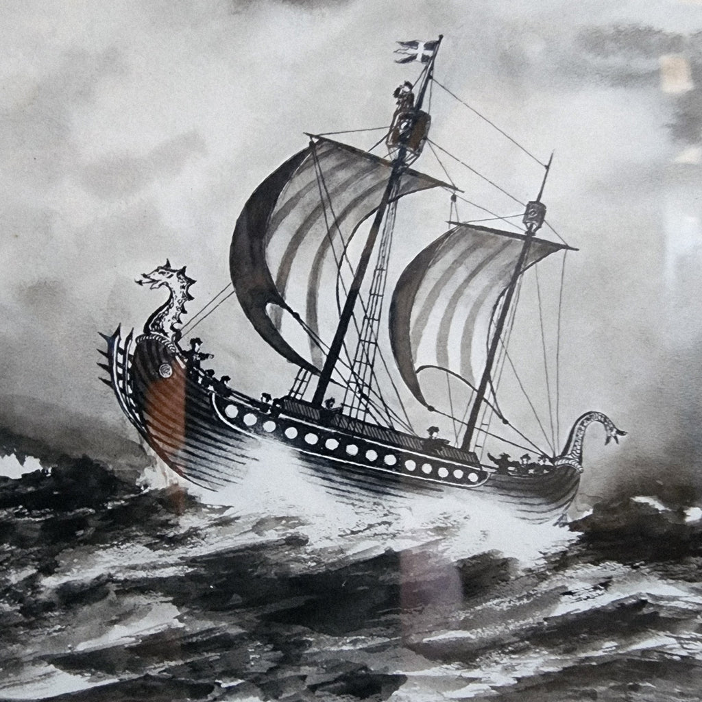 1933 Andoll Anderson Swedish Viking Ship Gouache Framed Painting