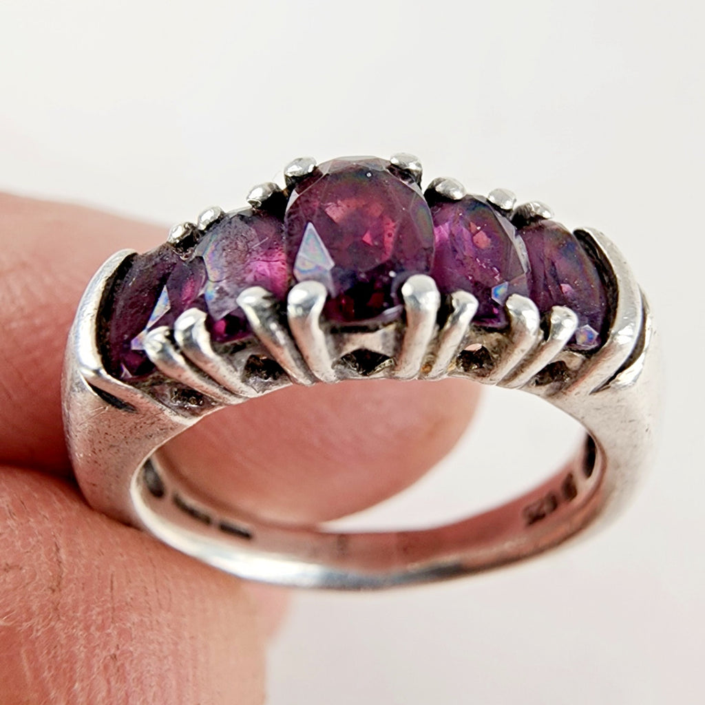 Five Stone Deep Purple Amethyst Ring Size 7 Sterling Silver 925 Vintage