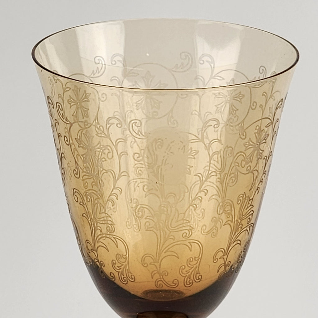 7" Etched Amber Depression Glass Stemmed Wine Glass Vintage