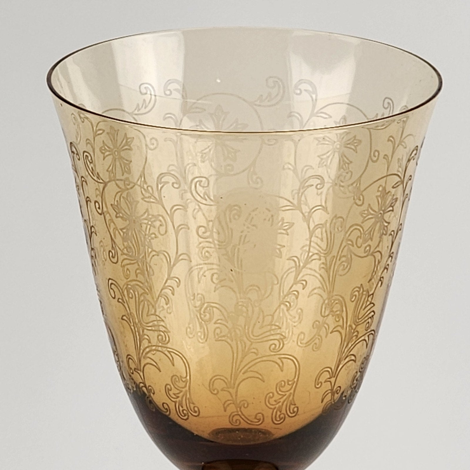 7" Etched Amber Depression Glass Stemmed Wine Glass Vintage