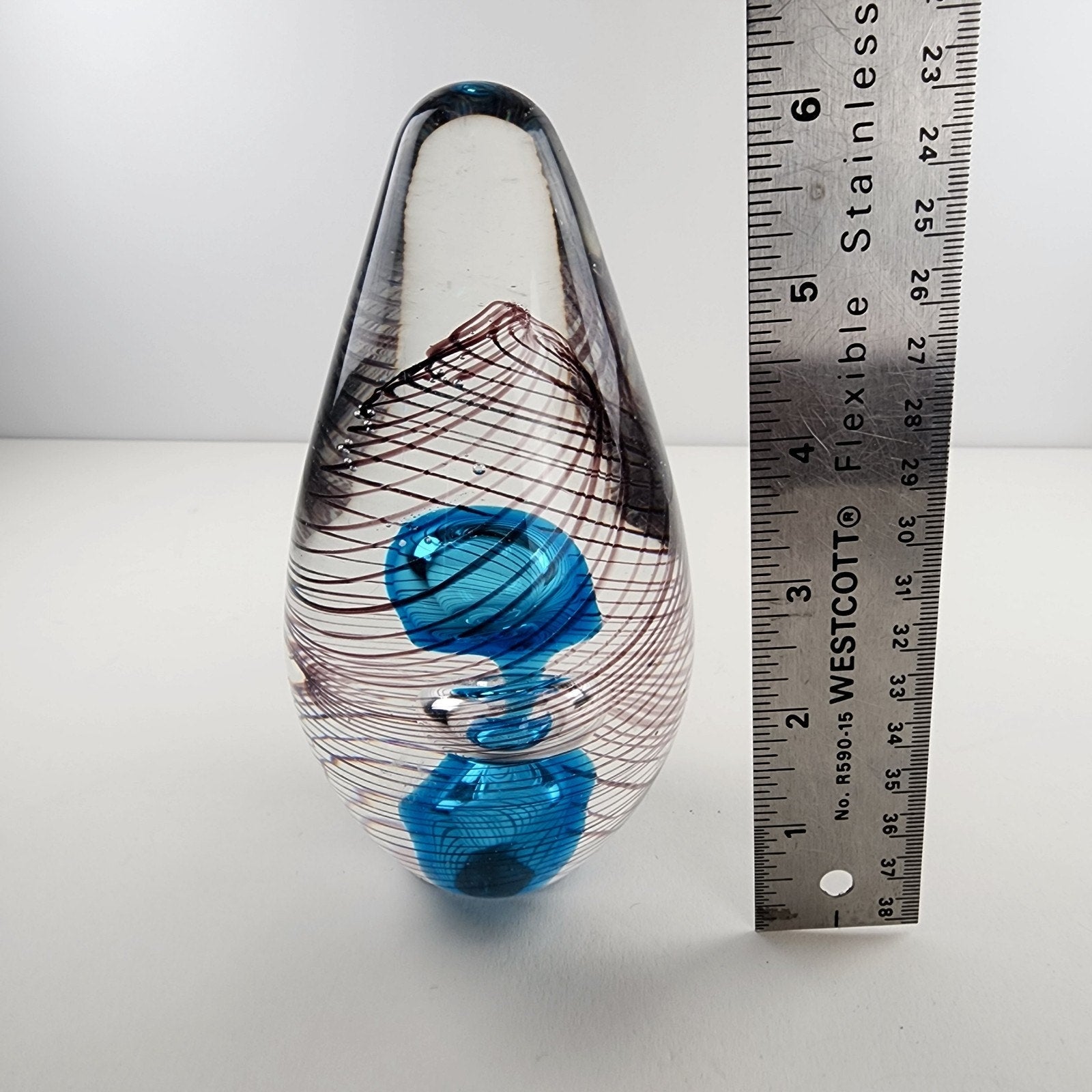 6" Hand Blown Glass Paperweight Air Trap Blue & Clear