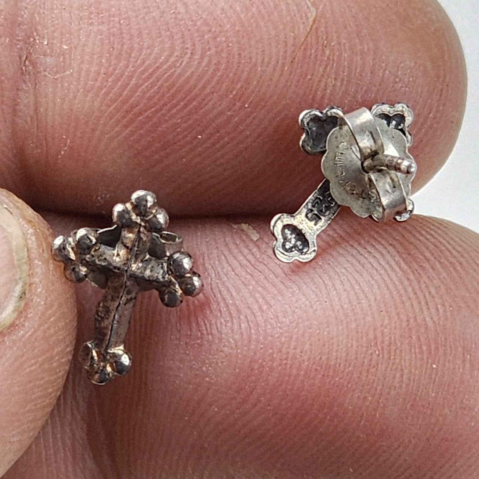 Lobbed Cross Stud Earrings Sterling Silver 925 Vintage