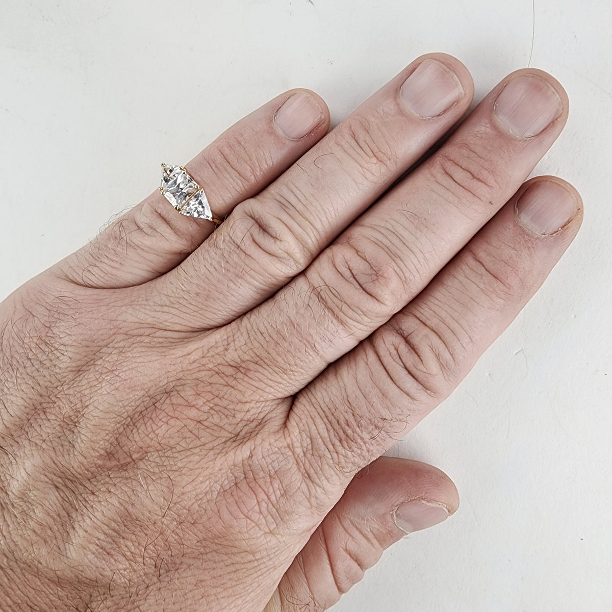 Three Stone Trillion & Princess Cut Ring Size 6 w Gold over Sterling Silver 925
