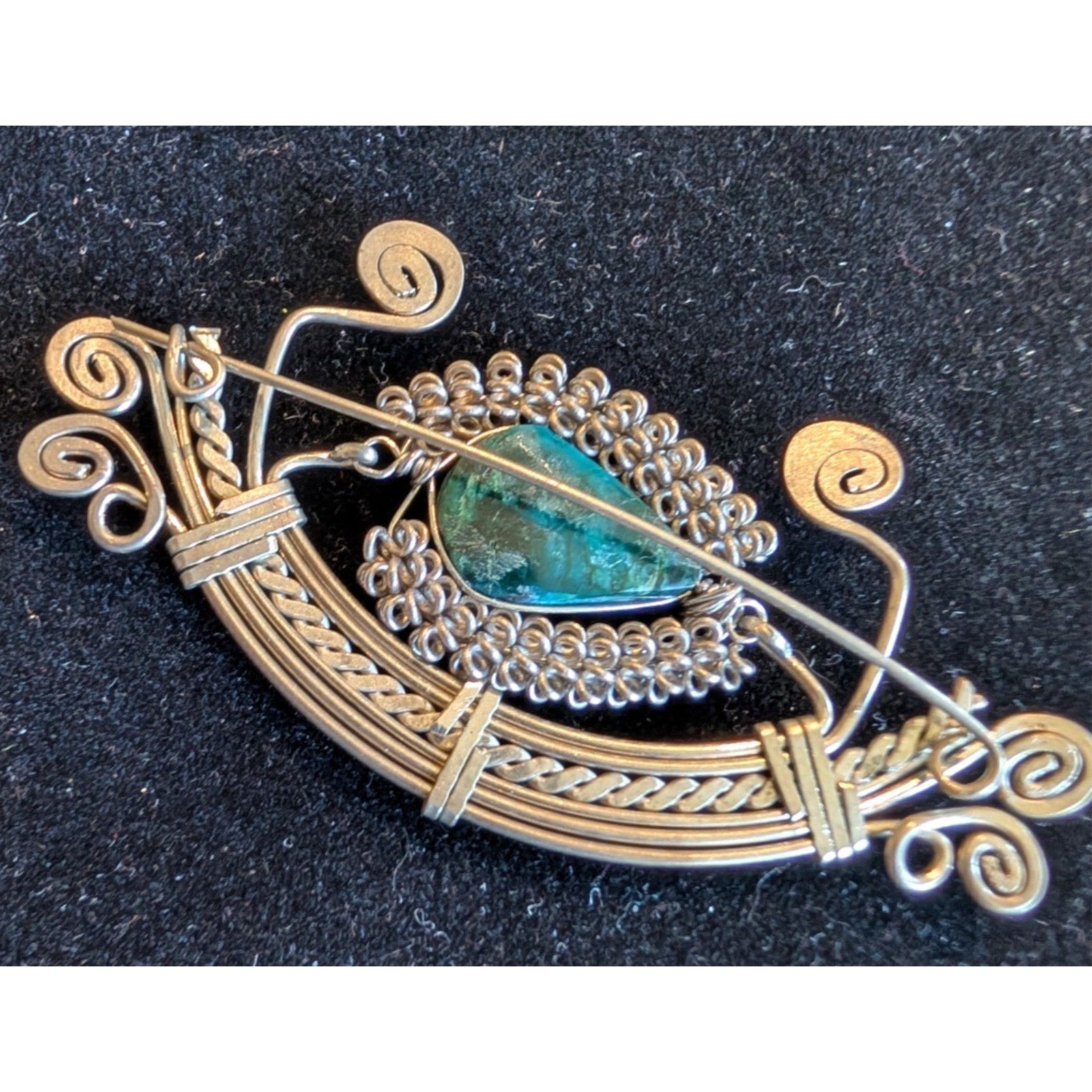 Vintage Turquoise Sterling Silver 925 Wire Wrap Handmade Brooch Pin