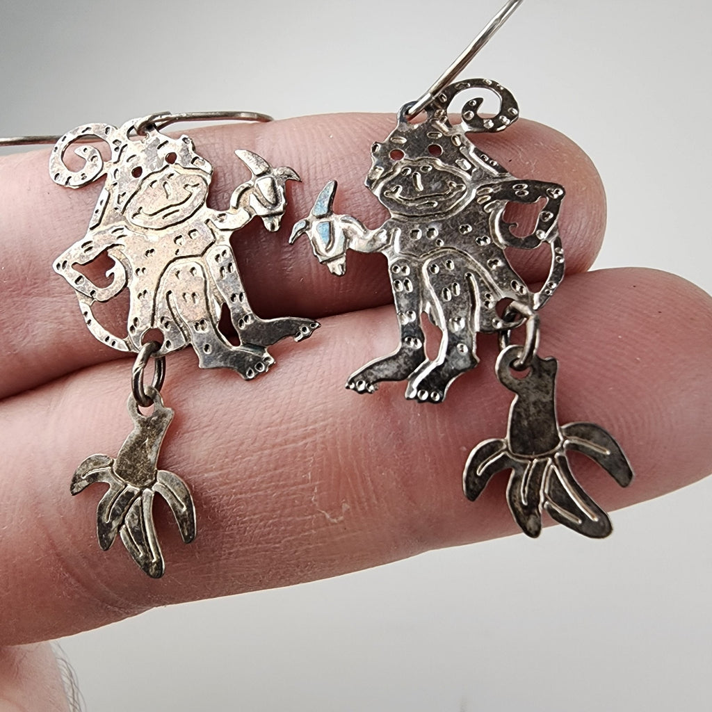 Designer Monkey with Banana Sterling Silver 925 Dangle Earrings