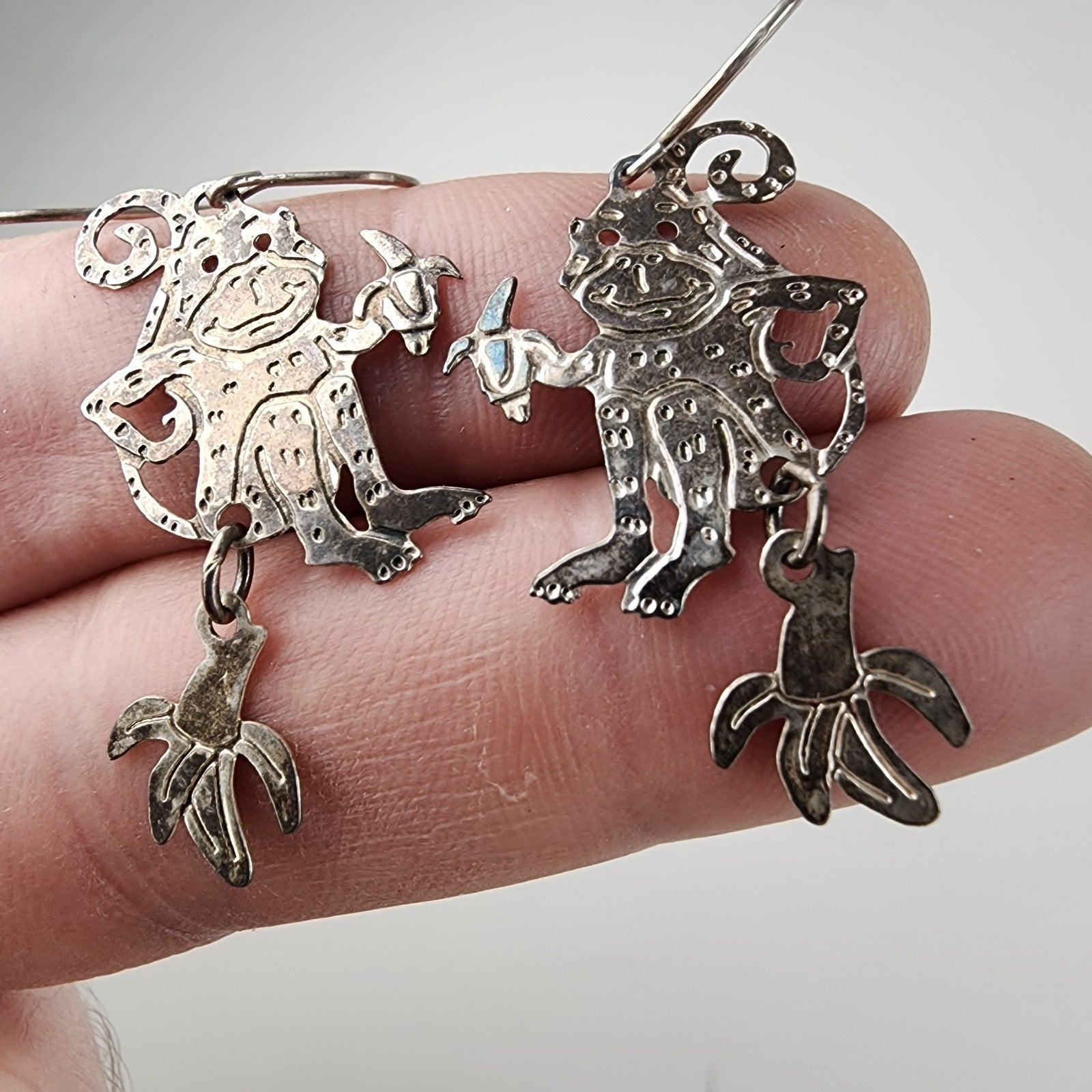 Designer Monkey with Banana Sterling Silver 925 Dangle Earrings