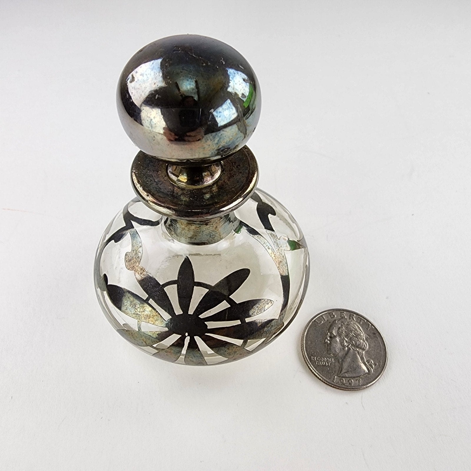 Art Nouveau Sterling Silver Overlay Glass Perfume Bottle with Stopper