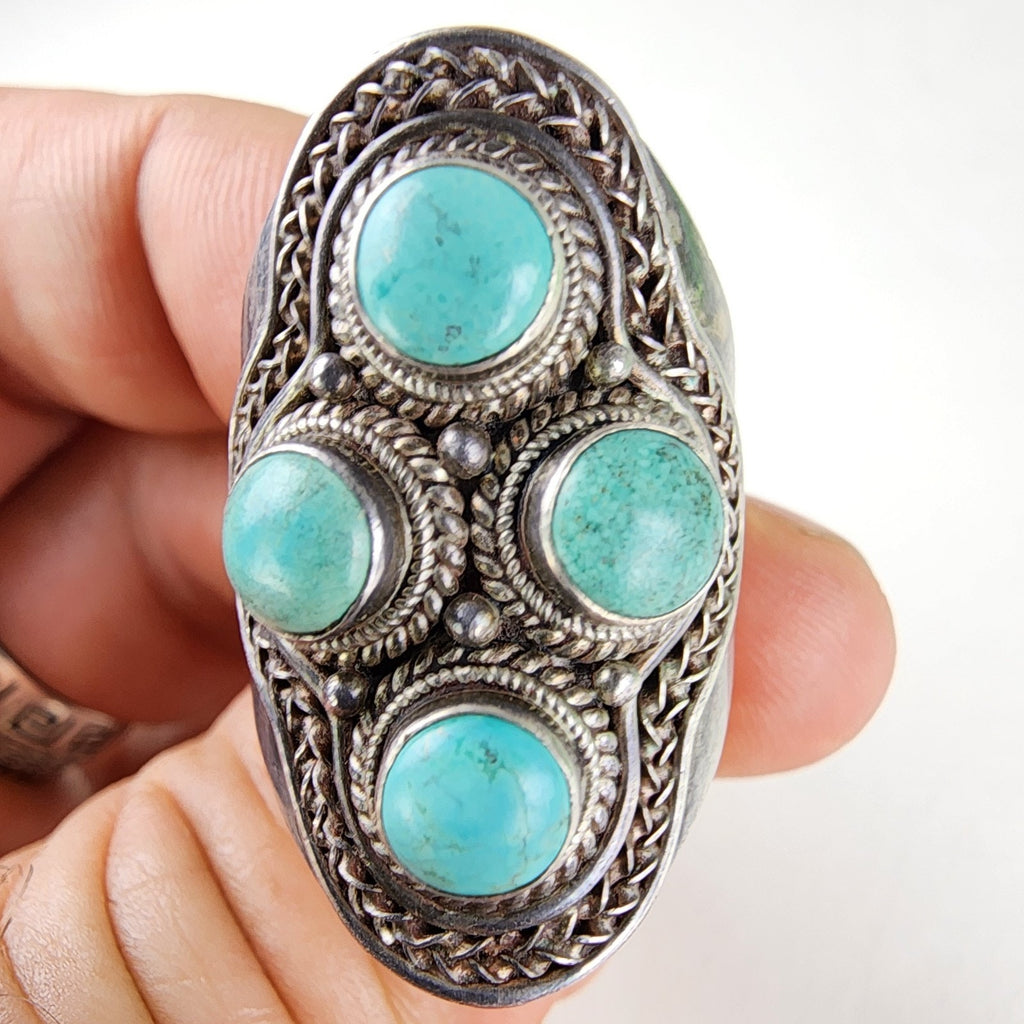 Howlite Turquoise Shield Ring Size 10 Sterling Silver 925 Vintage Bohemian