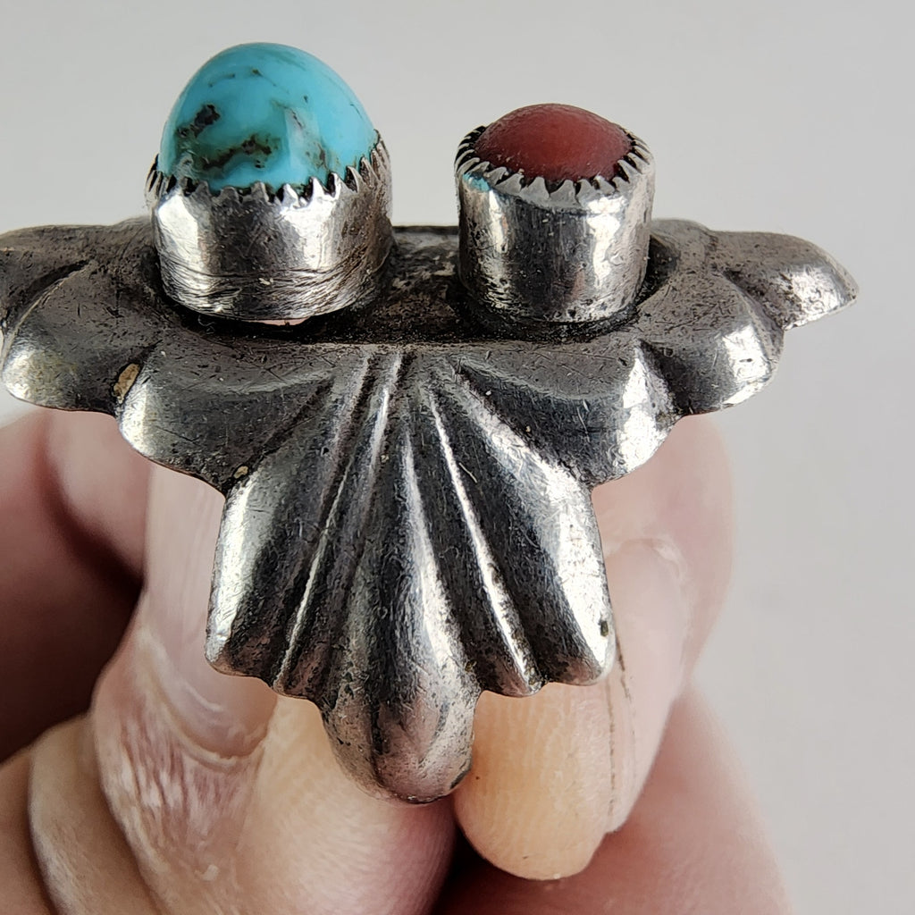 Native Turquoise & Coral Sandcast Ring Size 8 1/2 in Sterling Silver 925