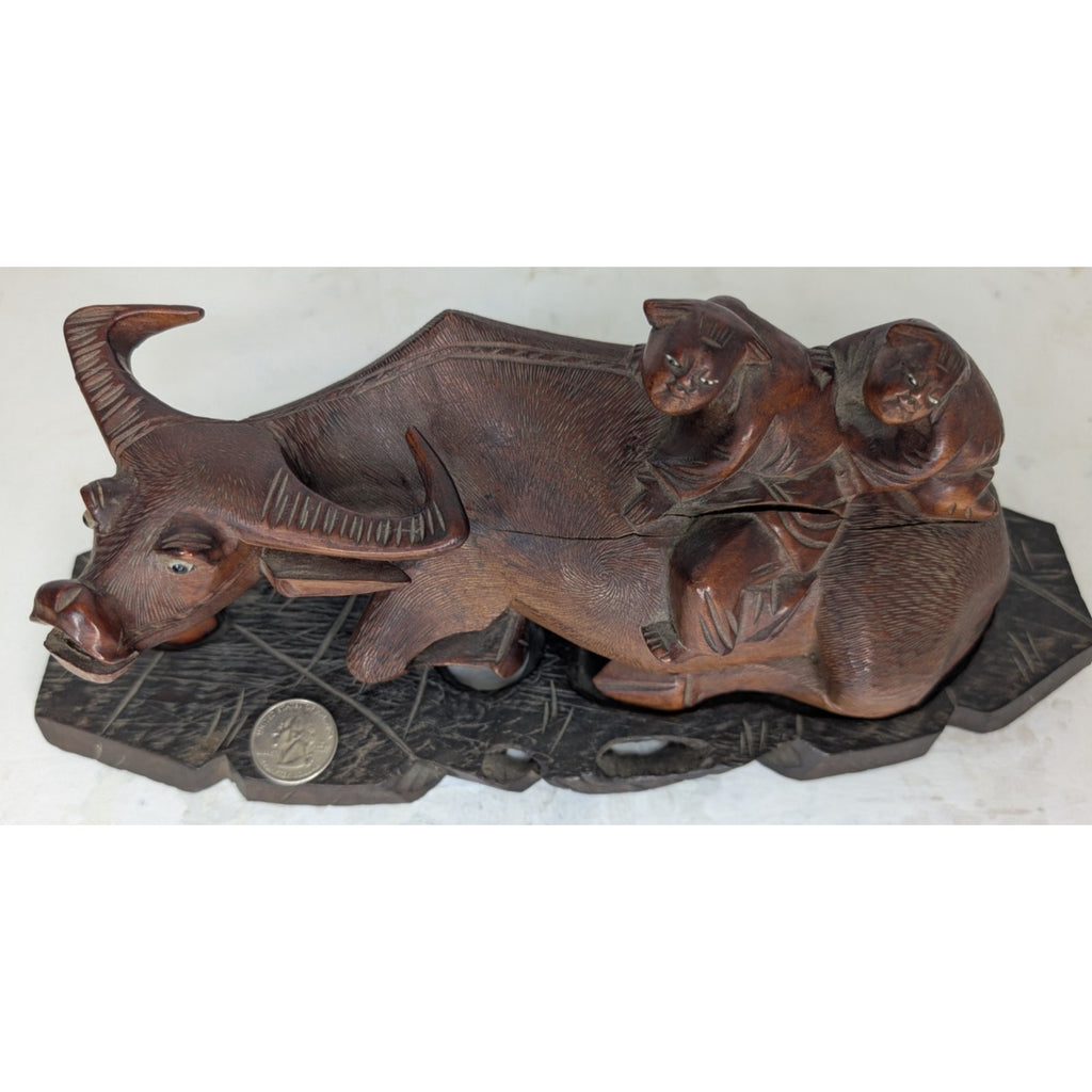 Chinese Water Buffalo Hand Carved Statue w/ Stand Antique Republic Period
