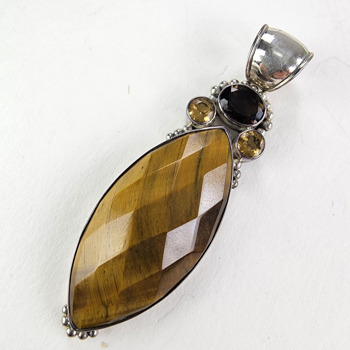 Marquise Cut Faceted Tigers Eye Citrine & Garnet Sterling Silver 925 Pendant XL