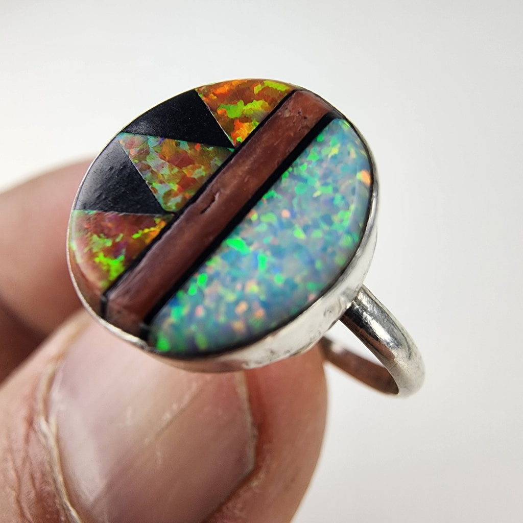 Opal Inlay Southwestern Ring Size 5 Sterling Silver 925 Black Onyx Vintage