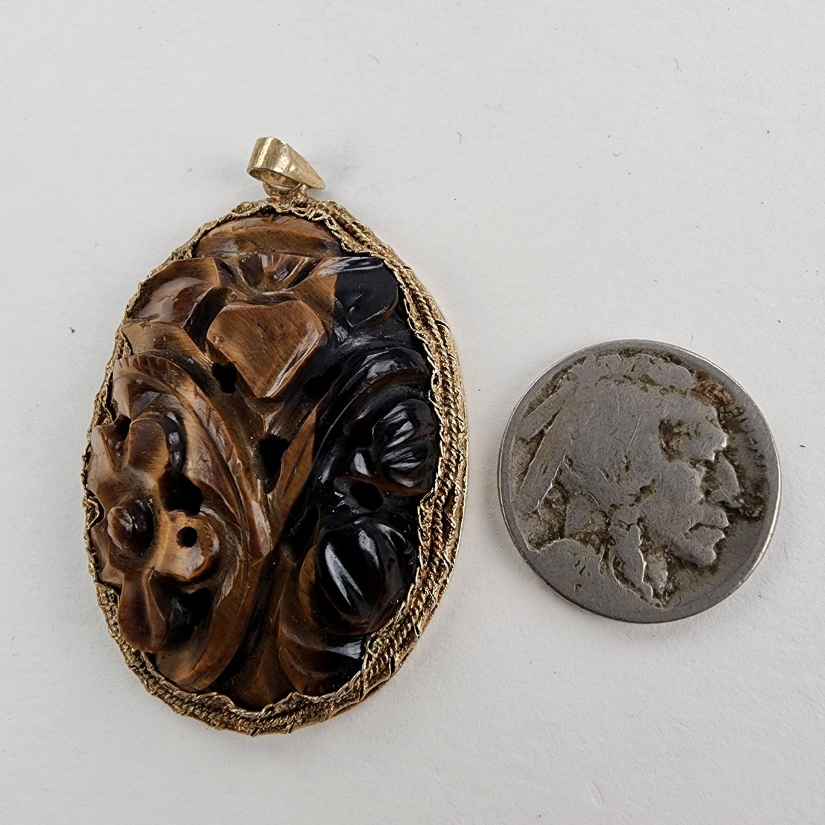 Vintage Chinese Carved Tigers Eye Pendant with Gold Finish & Filigree Back