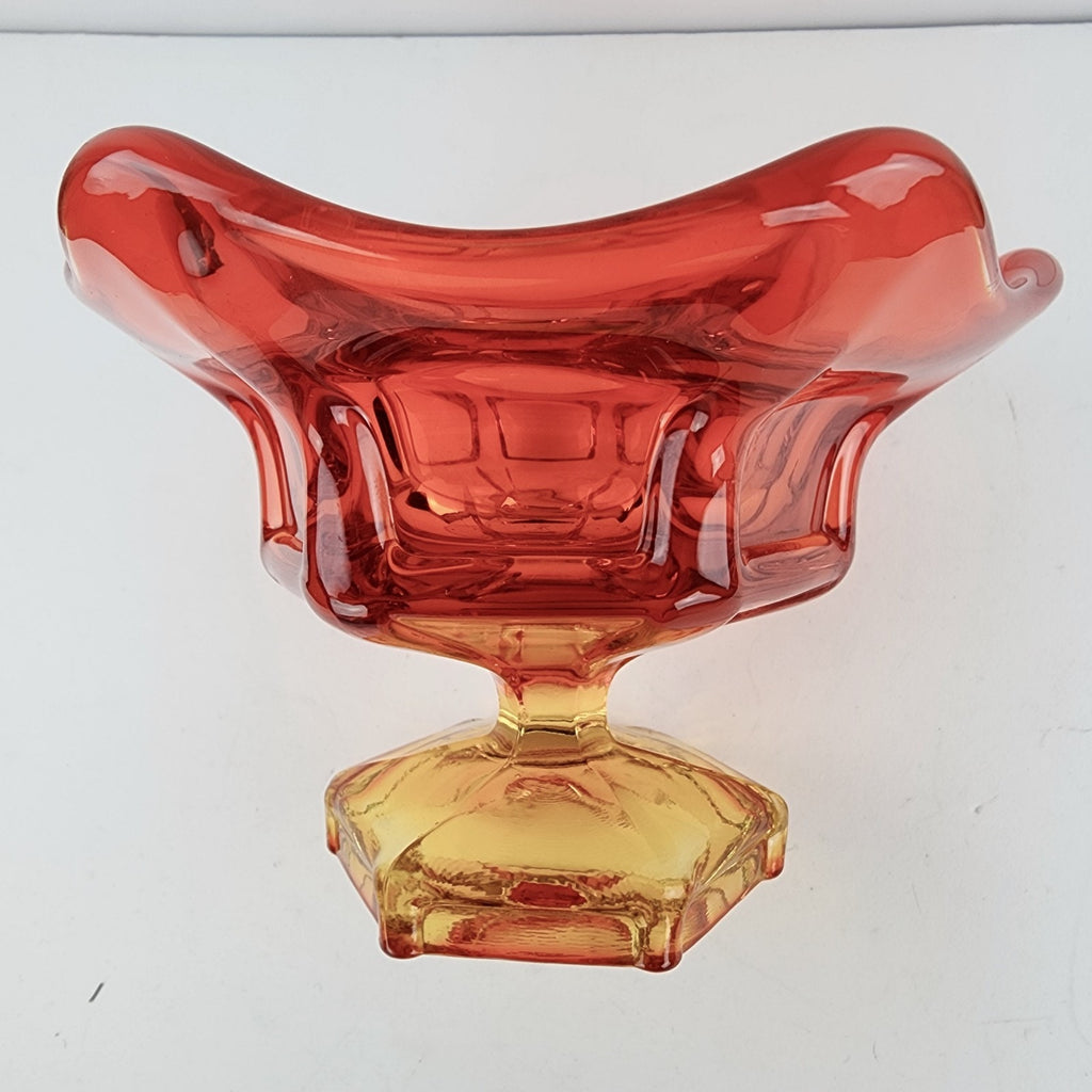 Viking Glass Epic Six Petal Amberina Flame Pedestal Bowl UV Vaseline Glass