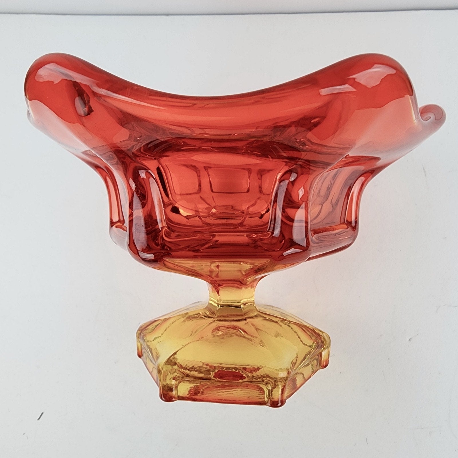 Viking Glass Epic Six Petal Amberina Flame Pedestal Bowl UV Vaseline Glass