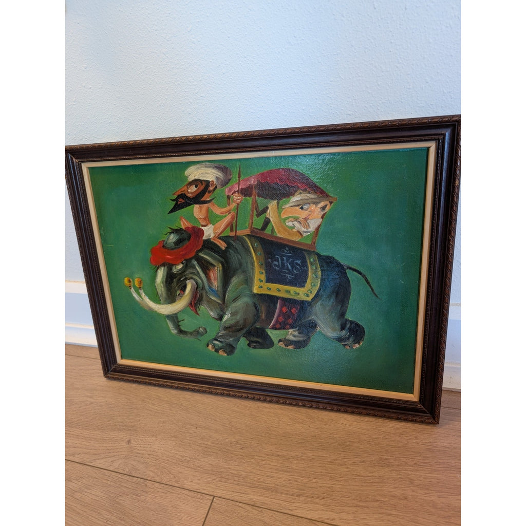 1952 Acrylic Painting Riders on Elephant Hardship Post Midcentury 16" x 22"