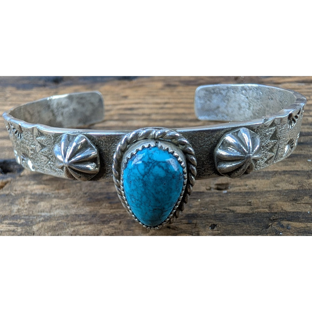 Ruben Castillo Turquoise Sterling Silver 925 Native Cuff Tufa Cast & Stamped