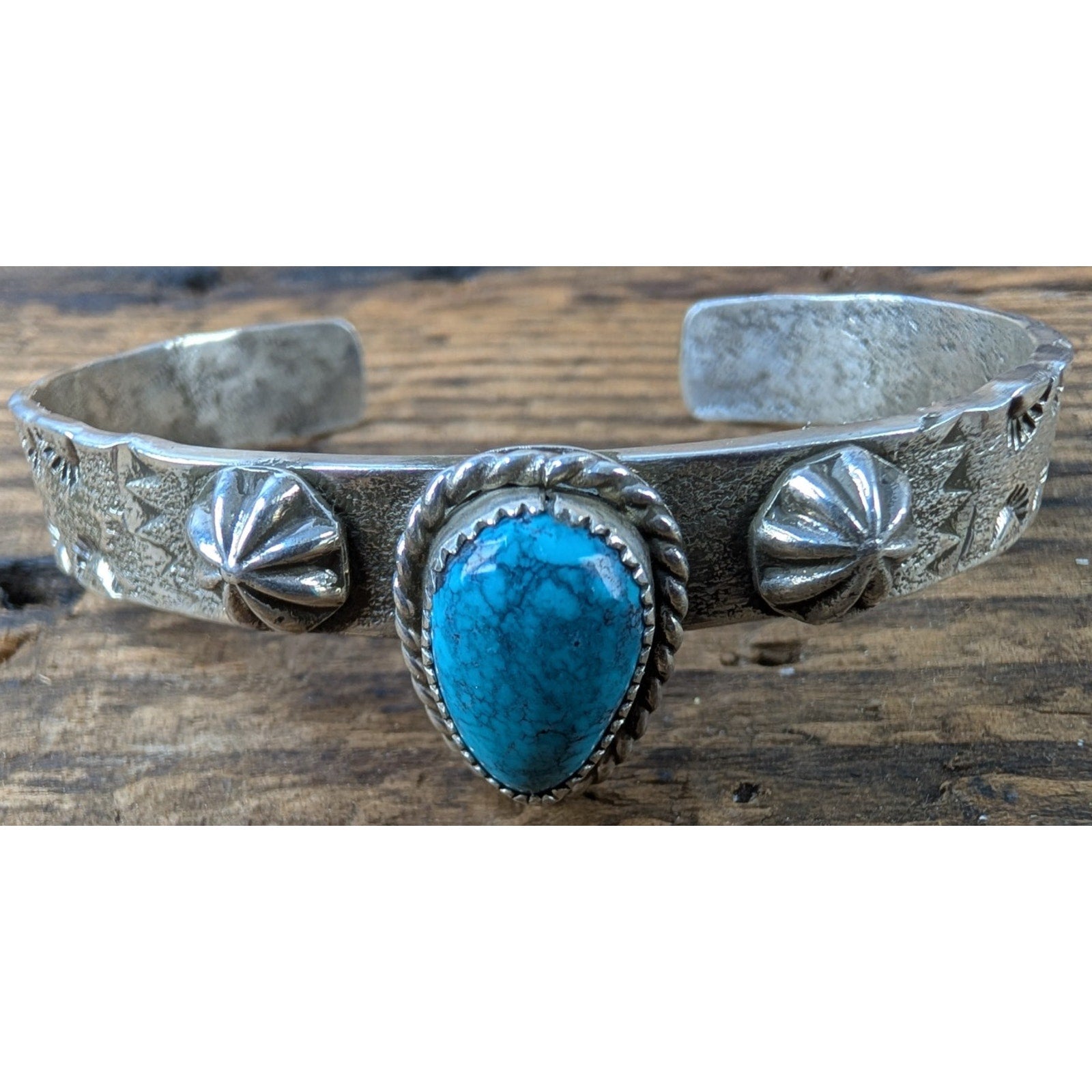 Ruben Castillo Turquoise Sterling Silver 925 Native Cuff Tufa Cast & Stamped