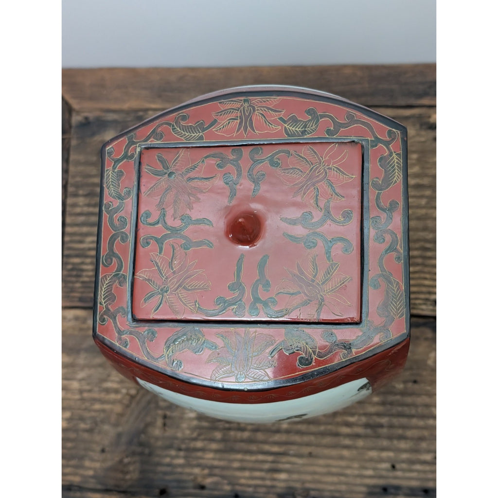 Chinese Porcelain Shard Red Lacquer Box Paper Mache