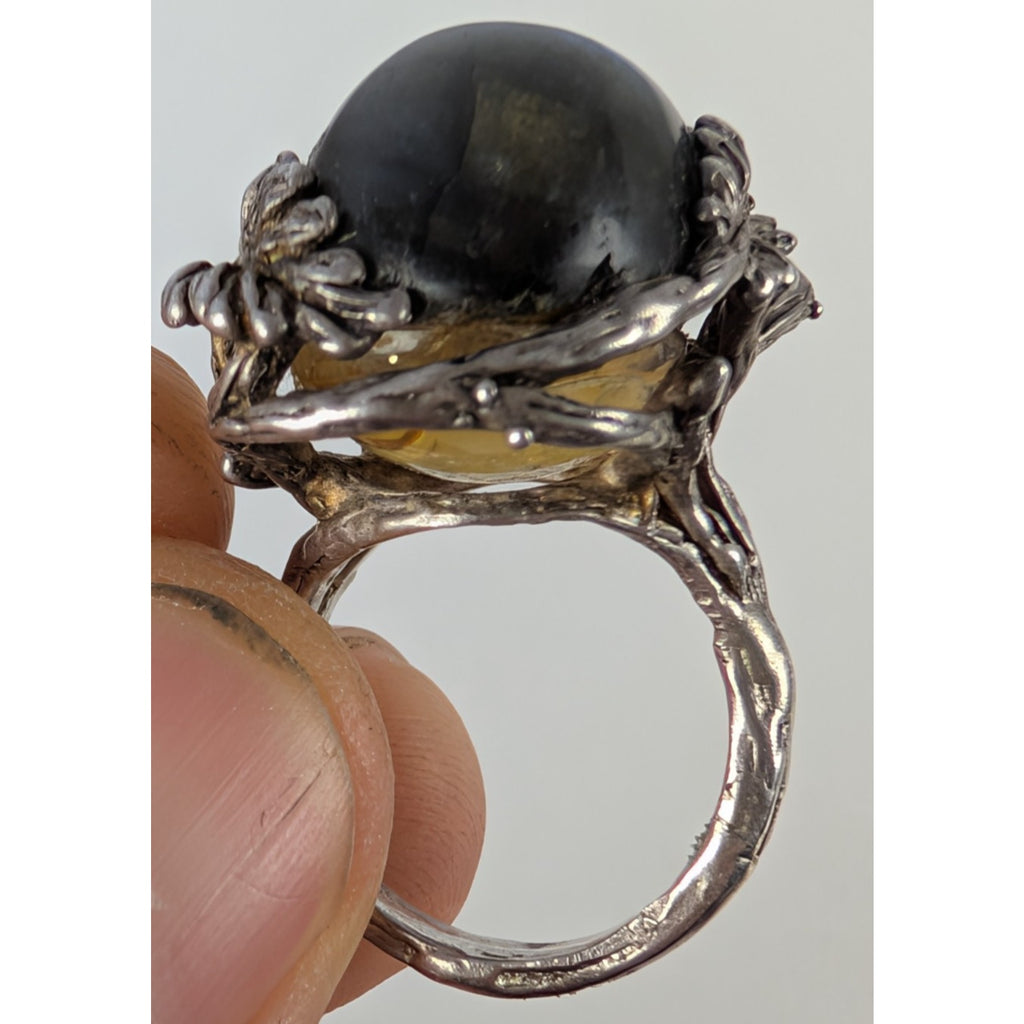 Brutalist Labradorite Sterling Silver Floral Setting Ring Size 5 1/4
