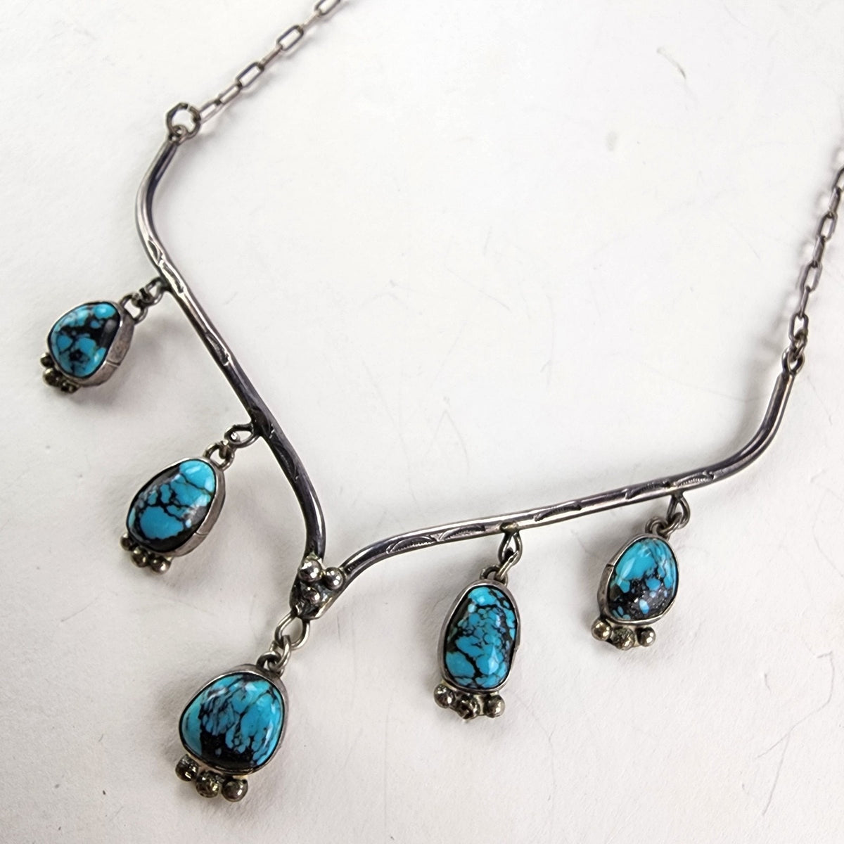 20" Turquoise Drop Native Collar Necklace Sterling Silver 925 Navajo Stamped