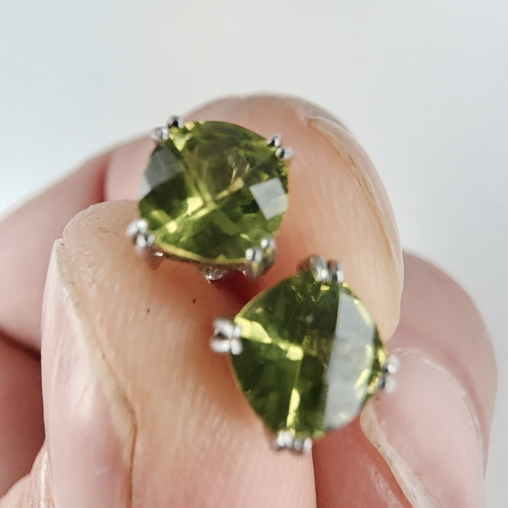 Cushion Cut Peridot Stud Earrings Pair Sterling Silver 925 Vintage