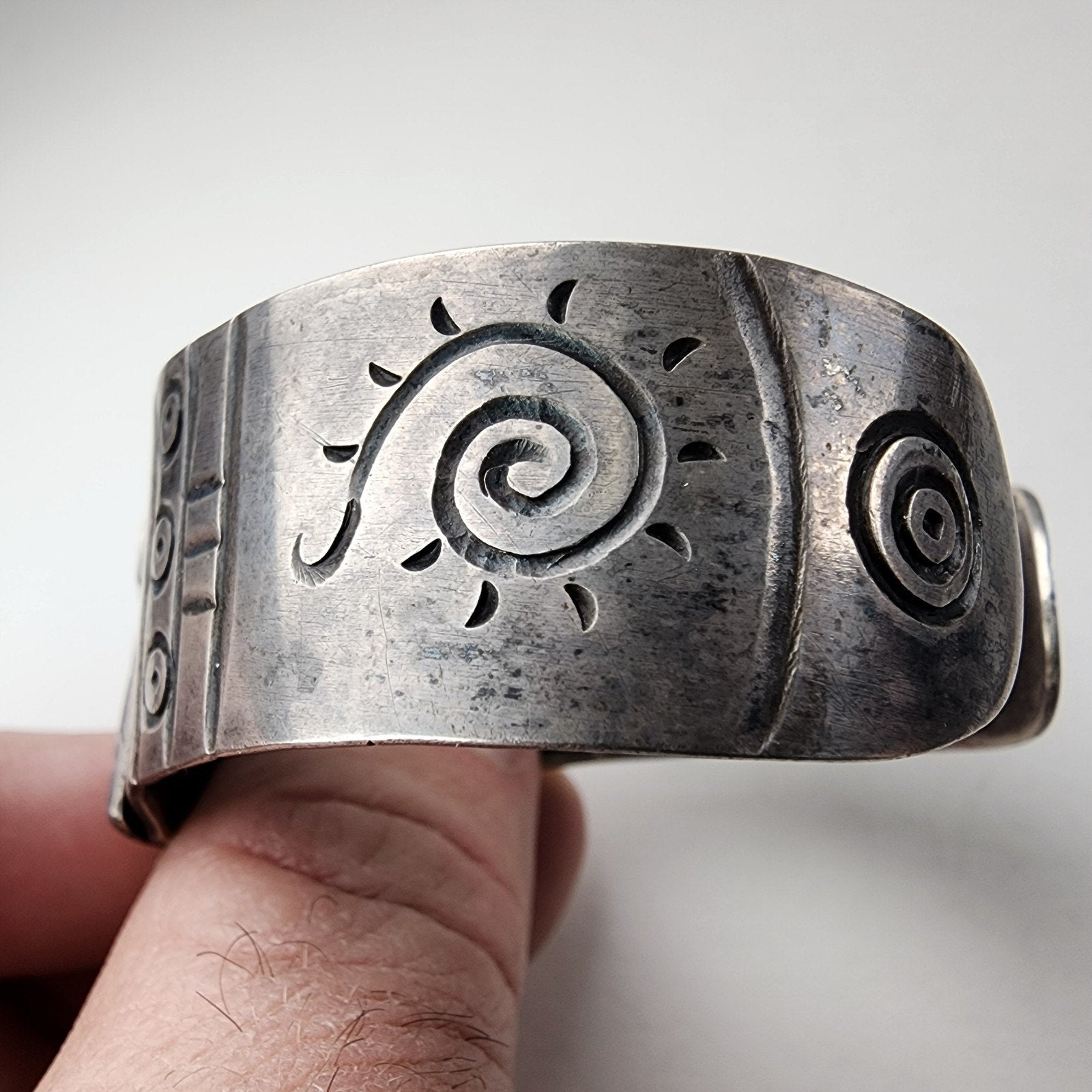 Early Taxco Mayan Warrior Cuff Bracelet 980 Sterling Silver