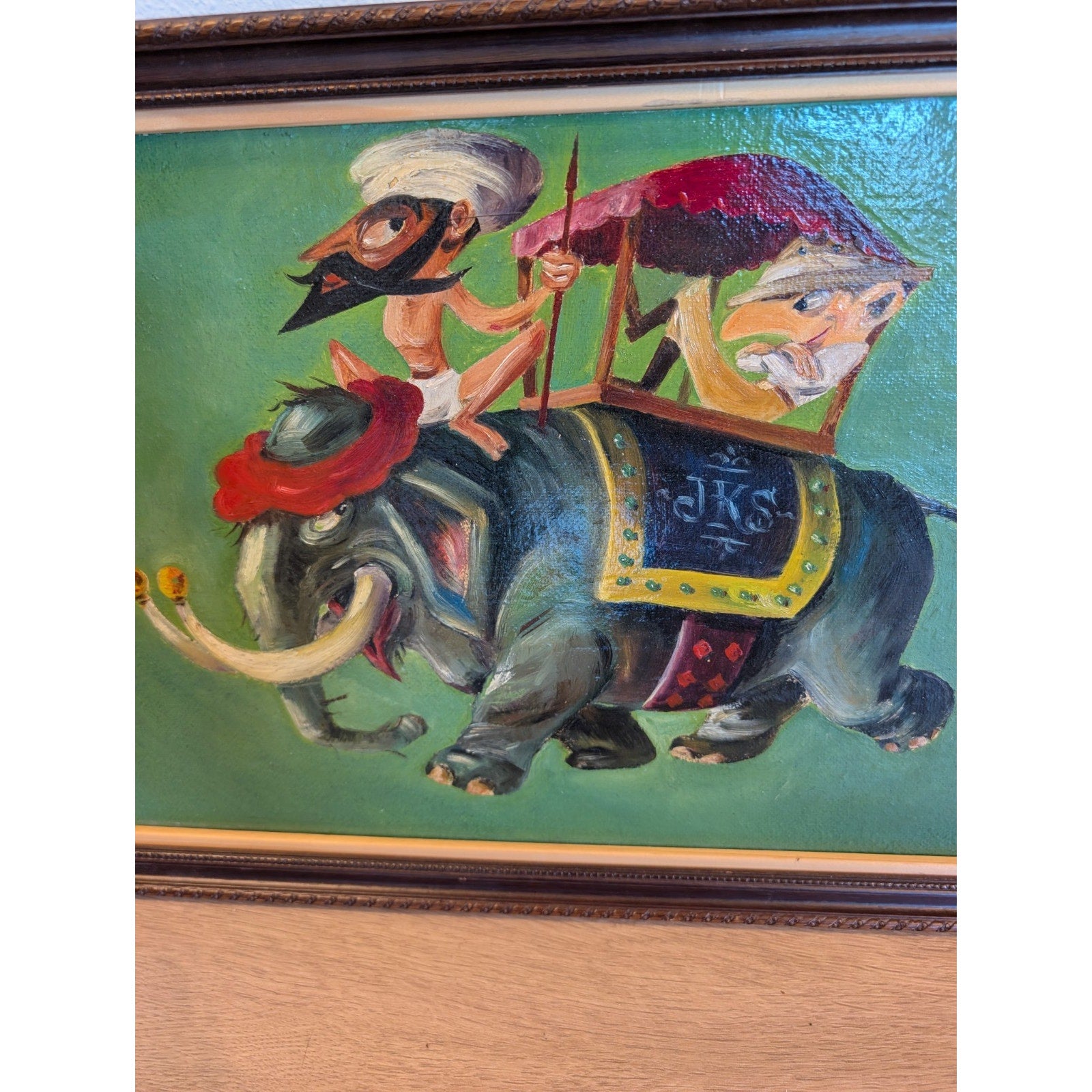 1952 Acrylic Painting Riders on Elephant Hardship Post Midcentury 16" x 22"
