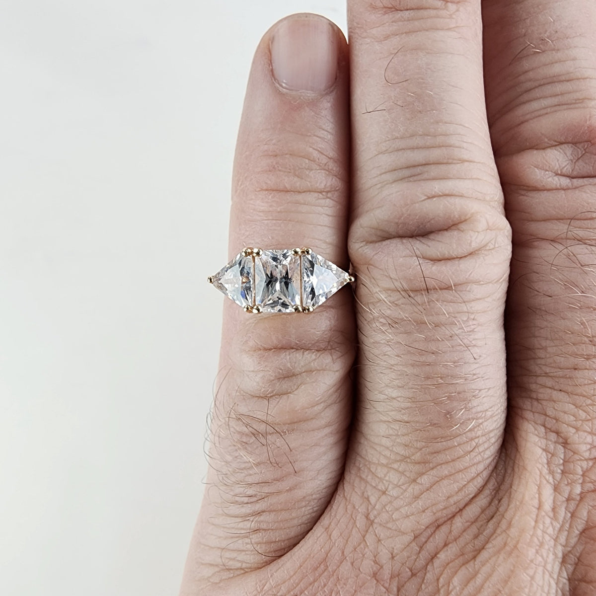 Three Stone Trillion & Princess Cut Ring Size 6 w Gold over Sterling Silver 925