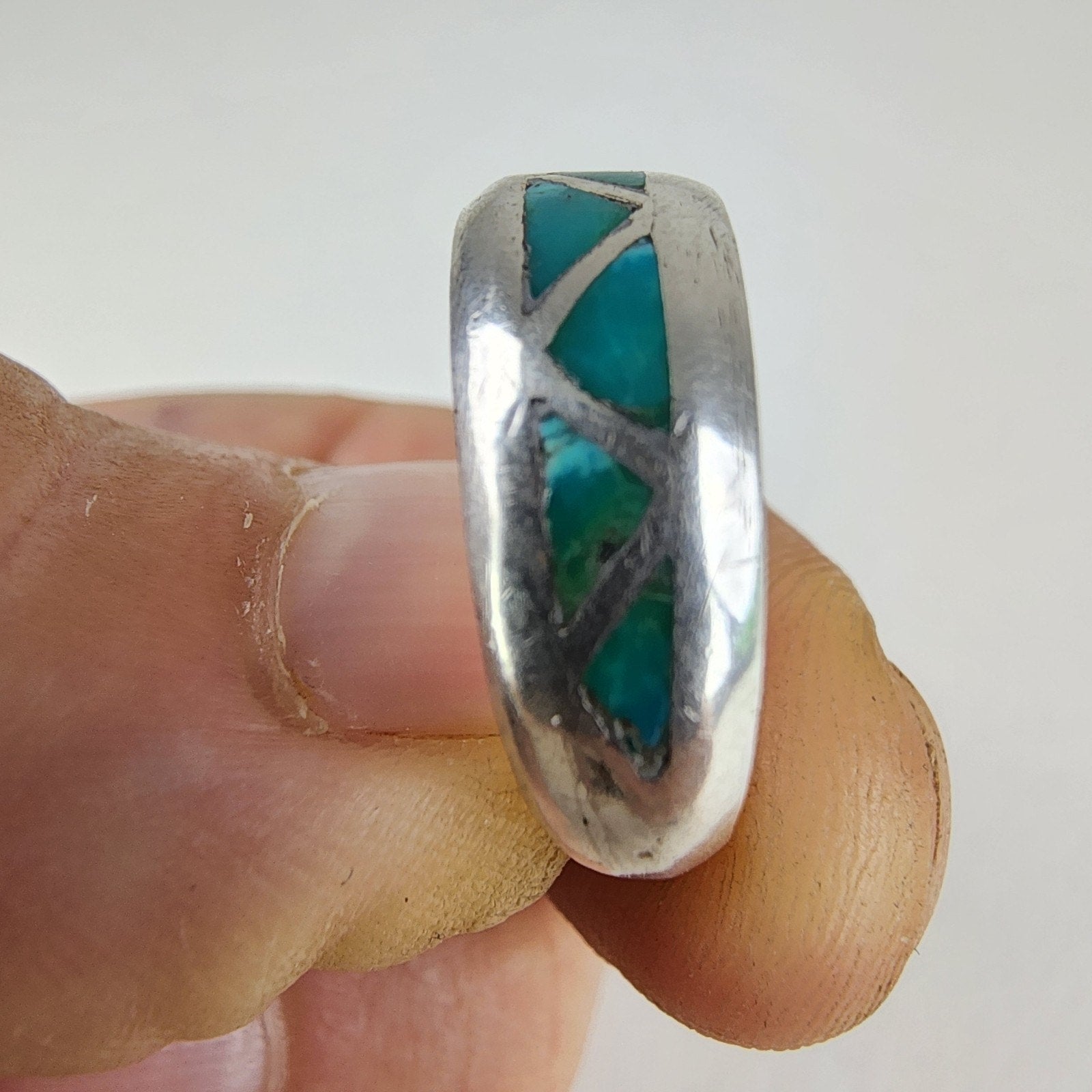 Southwestern Turquoise Inlay Ring Size 8 Sterling Silver 925 Vintage