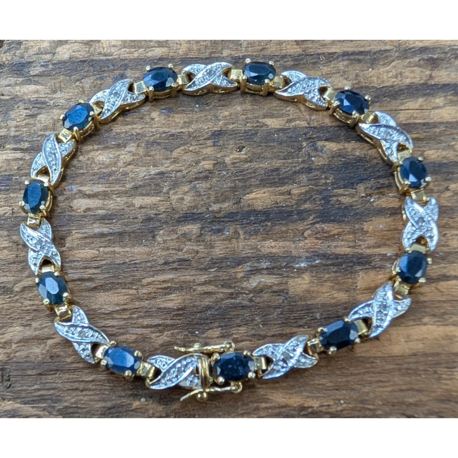 Sapphire & Diamond Gold Over Sterling Silver 925 Tennis Bracelet 7 1/4"